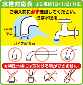適応水栓対応表。通常水栓用です。特殊水栓には取付ける事ができません。